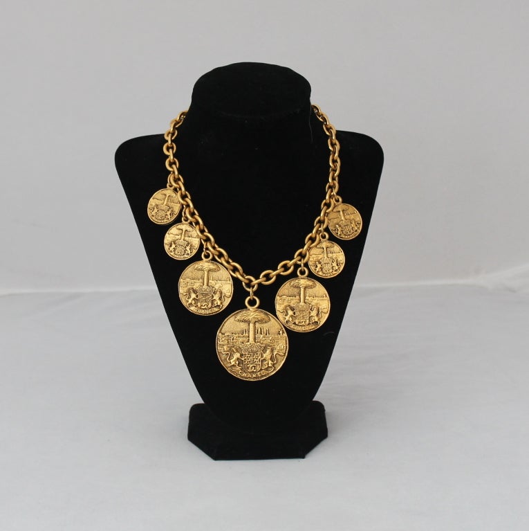 Chanel Vintage Medallion Necklace, 7 Medallions graduated in size. Center Medallion:1.75