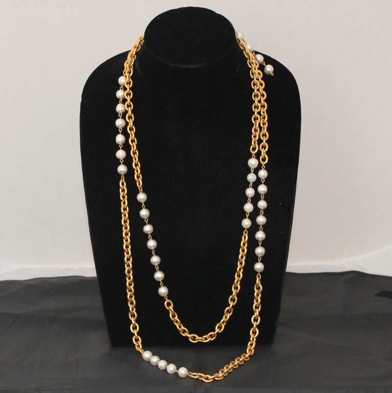 Chanel Vintage Pearl and Gold Tone 2 Strand Necklace Circa 70's at