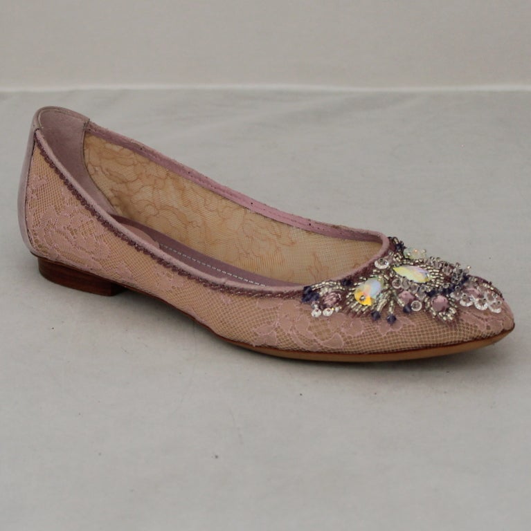 Rene'Caovilla pink lace ballet flats with jeweled toe, size 7