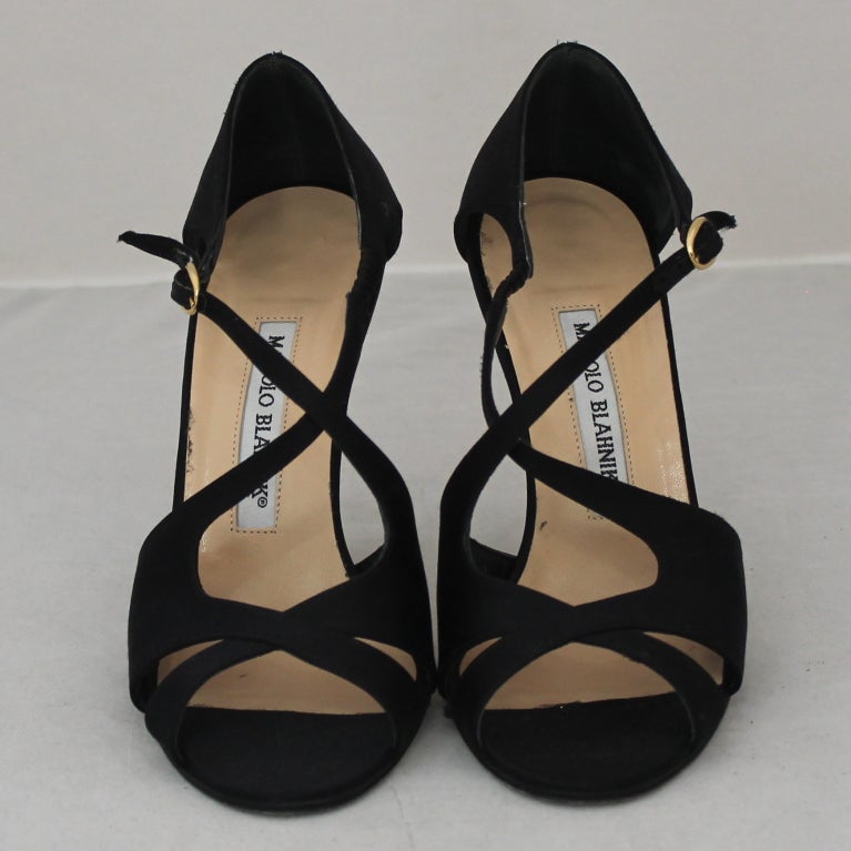 Manolo Blahnik black satin criss cross strap shoes, size 36.5, with a 4 inch heel
