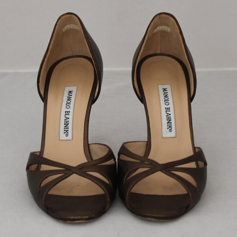 Manolo Blahnik copper satin shoe, size 6.5 with 3.5 inch heel