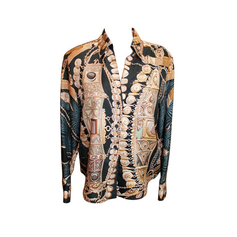 Vintage Hermes Chain/Medallion Motif Silk Scarf Blouse-40