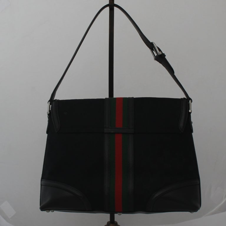 Gucci black canvas and leather monogram w/ red and green stripe-SHW at 1stdibs