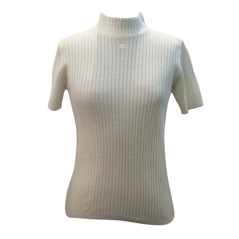 Courreges White Short Sleeve Knit Sweater - Small at 1stDibs