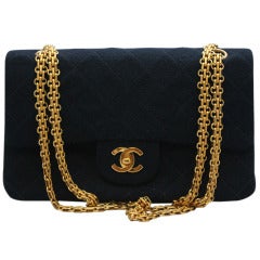 Chanel Navy quilted Fabric Med/Large Classic Double Flap - GHW - Circa 1994