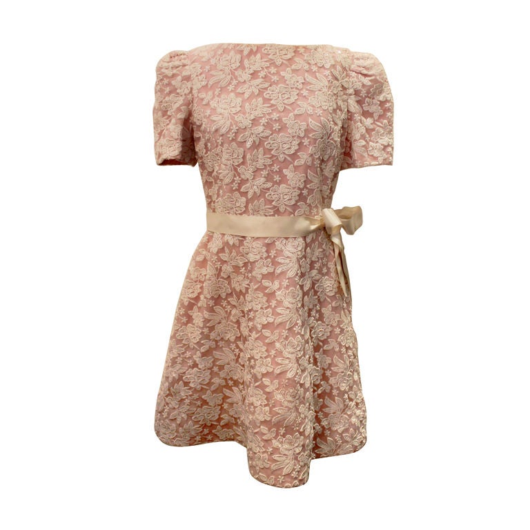 Vintage Scaasi Pink & White embroidered silk organza dress-8