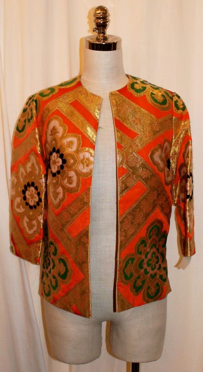 Vintage Orange & Gold Silk Brocade Asian Jacket-Sz S-Circa 70's
