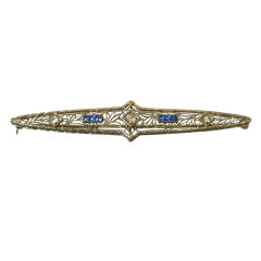Art Deco Diamond, Sapphire, and 14 Karat White Gold Bar Pin 10