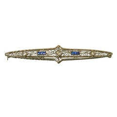 Art Deco Diamond, Sapphire, and 14 Karat White Gold Bar Pin, Brooch 