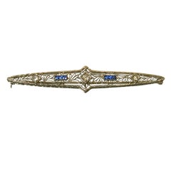 Art Deco Diamond, Sapphire, and 14 Karat White Gold Bar Pin, Brooch