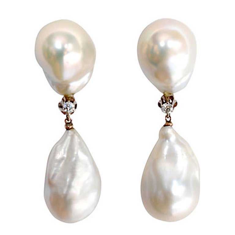 Baroque Pearl Diamond Drop Earrings at 1stdibs