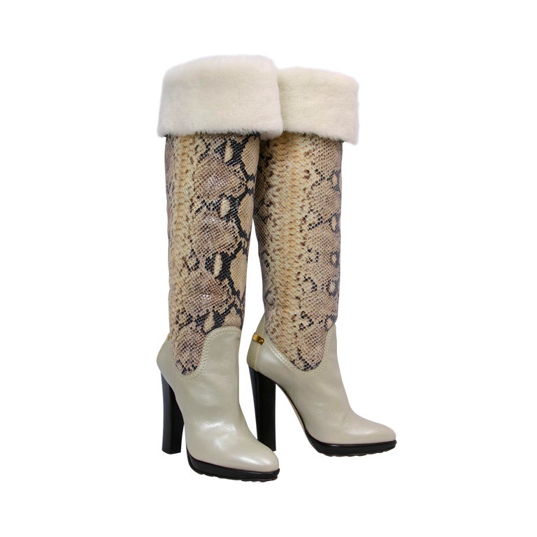 ROBERTO CAVALLI OVER-THE-KNEE SHEARLING and SNAKESKIN BOOTS