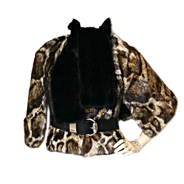 Gucci ocelot print murmel fur cape with scarf and belt