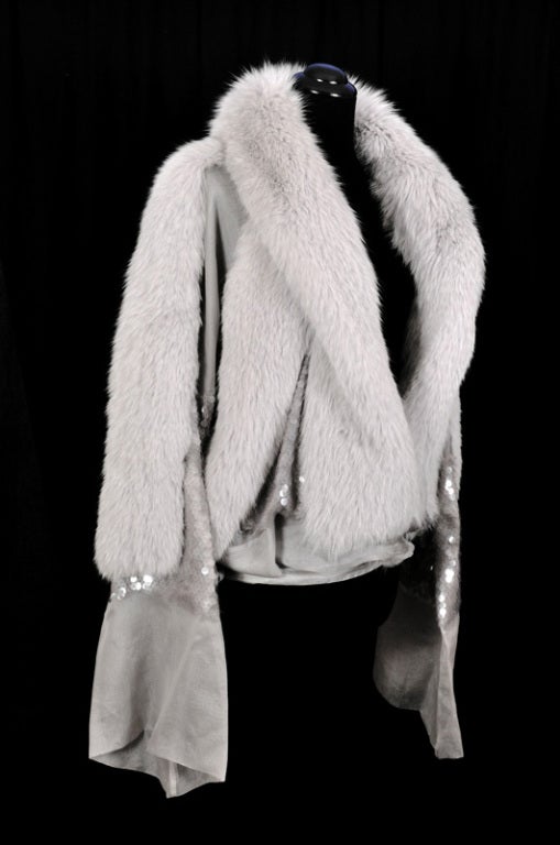 Gray 2004 VINTAGE ICONIC TOM FORD for GUCCI FOX FUR and SILK ORGANZA JACKET
