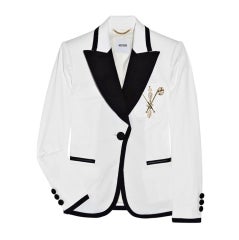 Neuer Moschino-Blazer aus weißer Baumwollmischung mit Verzierungen 44