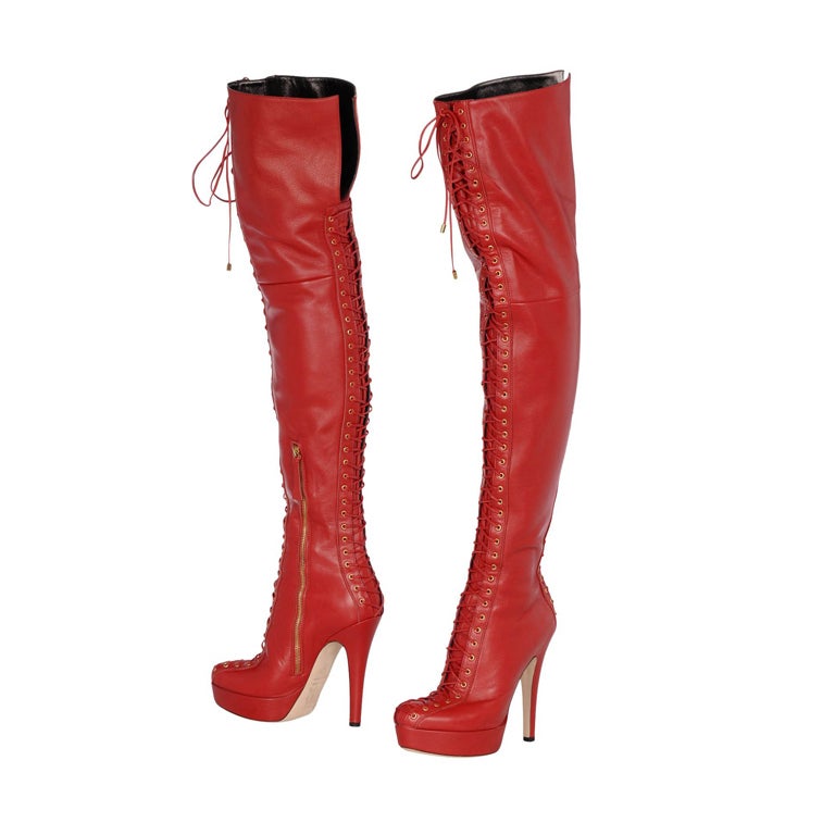 TRUSSARDI RED LEATHER THIGH HIGH PLATFORM BOOTS 39 - 9 at 1stdibs