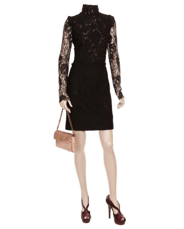 Lanvin Black Lace Dress
 
Black lace with sheer netting on top.
Stand collar; draped epaulets.
Long sleeves.
Pencil skirt.
Two-way back zip.
Cotton/nylon.
Made in France.

FR Size 36 - US 4

Retail price is $6,230.00

The actual dress is shown on