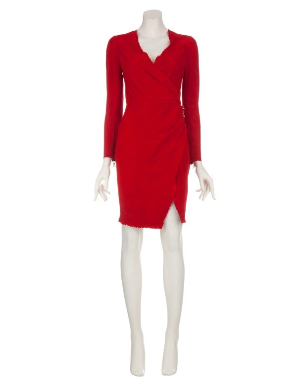 BALMAIN RED SUEDE LEATHER MNI DRESS w/SAFETY PINS ***CIARA LOVES