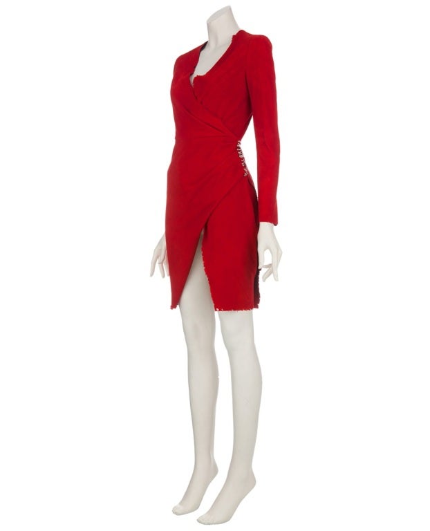 Women's BALMAIN RED SUEDE LEATHER MNI DRESS w/SAFETY PINS ***CIARA LOVES