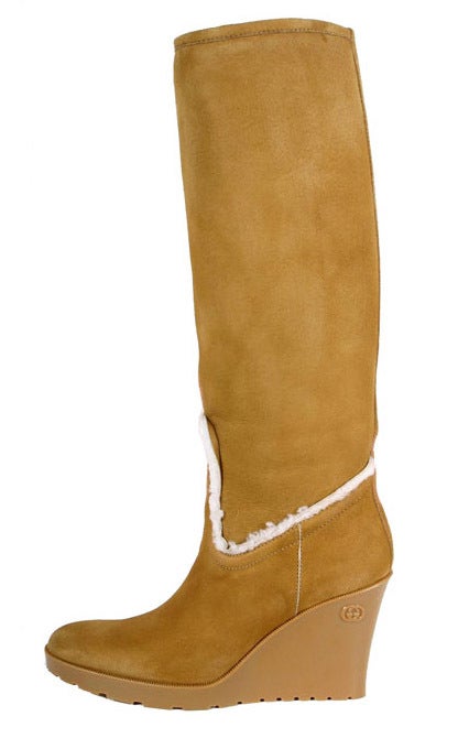 NEW GUCCI LIGHT COGNAC MERINO LAMBSKIN SHEARLING WEDGE BOOTS Size 6.5