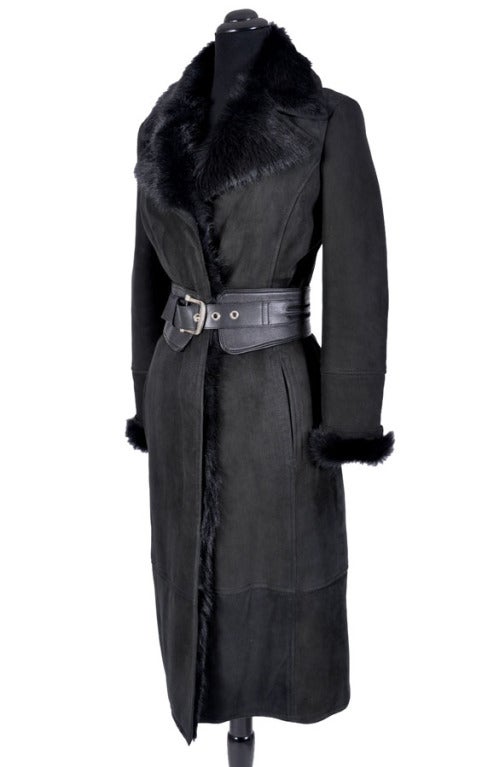 Women's NEW GUCCI BLACK SHEARLING FUR COAT WITH LEATHER BELT