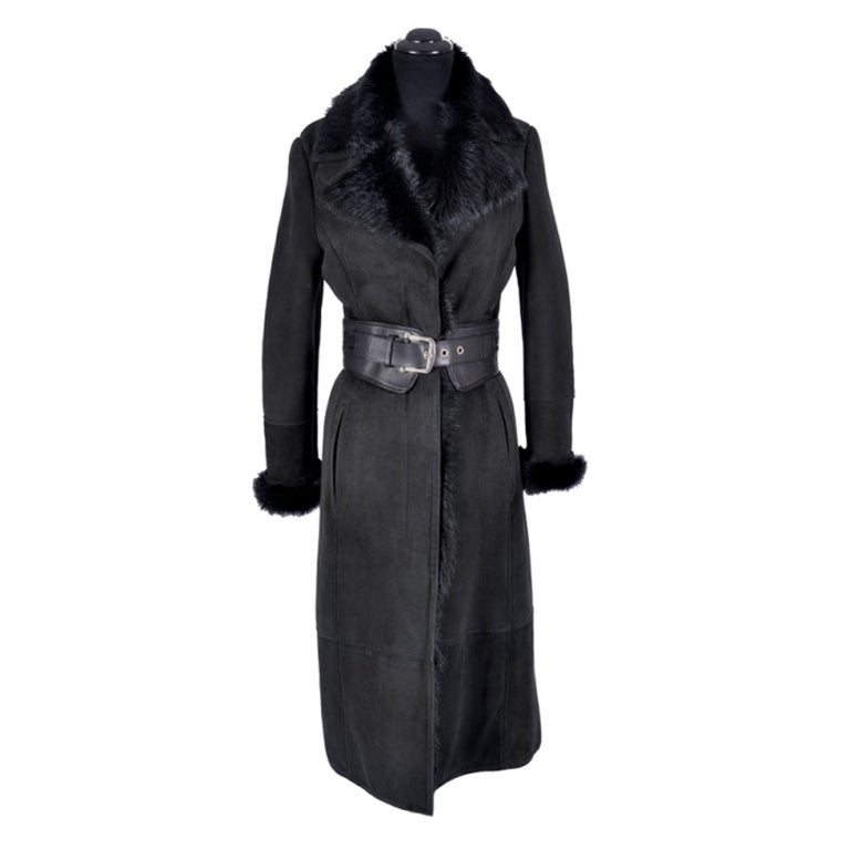 NEW GUCCI BLACK SHEARLING FUR COAT WITH LEATHER BELT