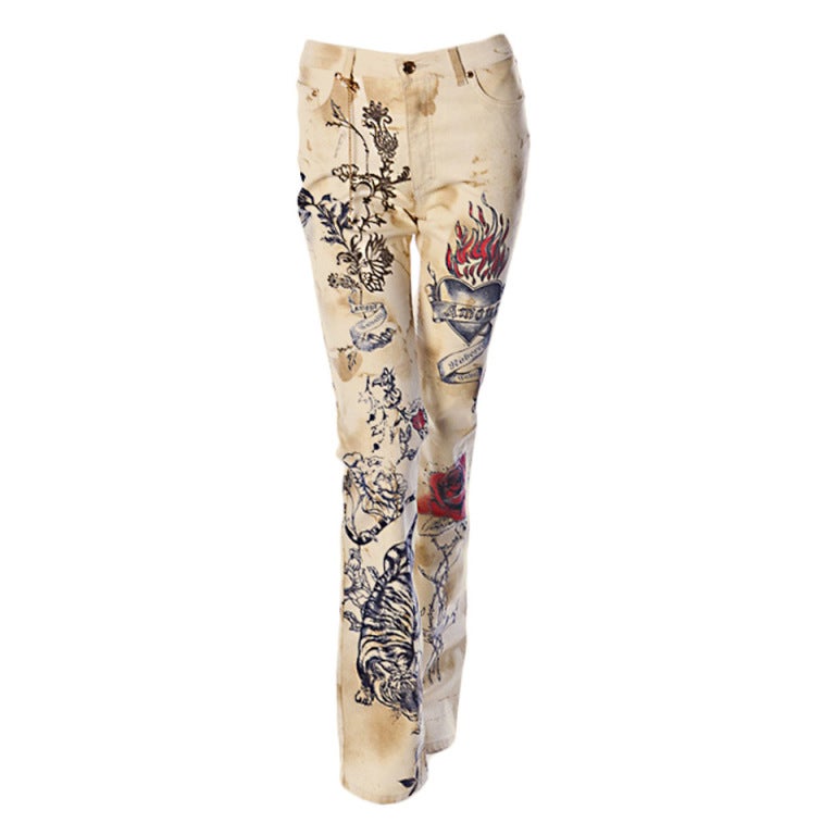 ROBERTO CAVALLI TIGER AMOUR TATTOO PANTS JEANS at 1stDibs