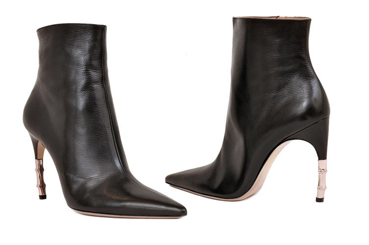 HIGHLY COLLECTIBLE PAIR FROM TOM FORD'S ERA 

RICH, LUXURIOUS AND SEXY! Soft goat leather Color: Black Leather lining and sole Rose Gold Bamboo heel
 Heel measures 4 1/4 inches; 
Italy 
Size 9.5 B 
Come in original box. Pristine condition, never