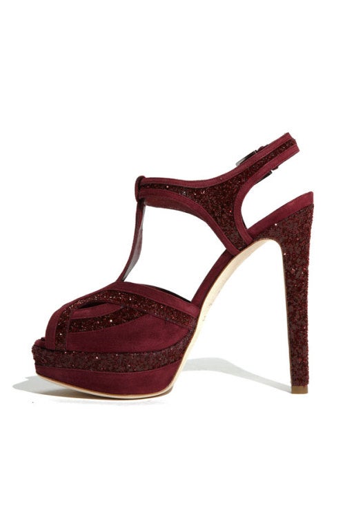 Women's DIOR Burgundy Glitter and Suede T-strap Sandals