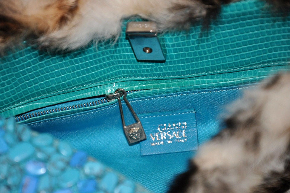 1990-s RARE GIANNI VERSACE FUR HANDBAG with TURQUOISE STONES In Excellent Condition In Montgomery, TX
