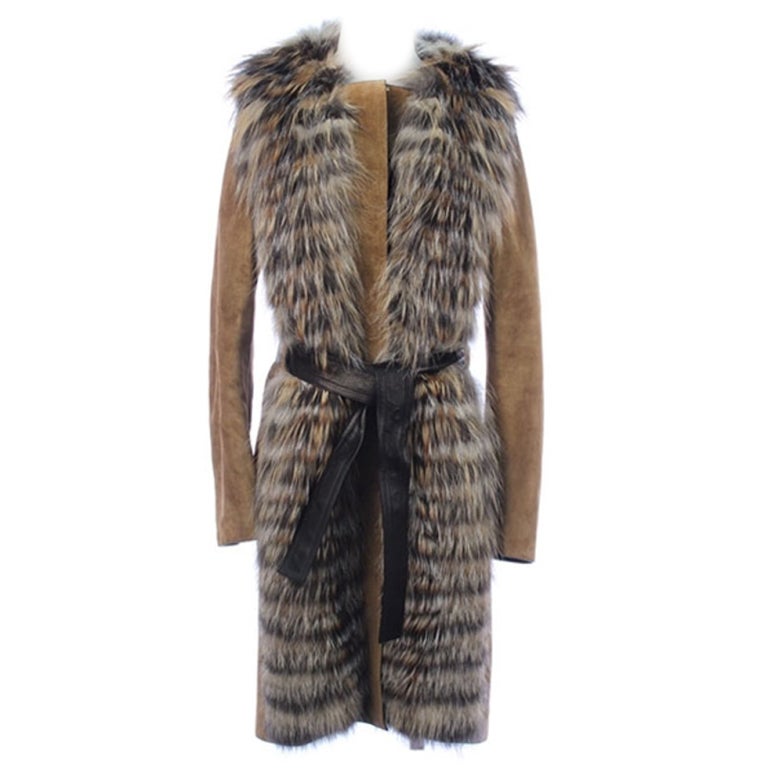 GUCCI SUEDE LEATHER COAT WITH HAND WOVEN FOX FUR