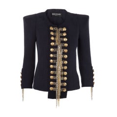 BALMAIN Blue Military Jacket w/Metallic Chain Detail CELEBS LOVE