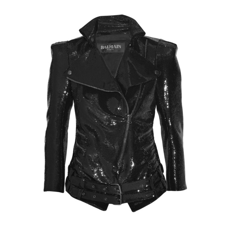  New BALMAIN Black Sequin Biker Jacket