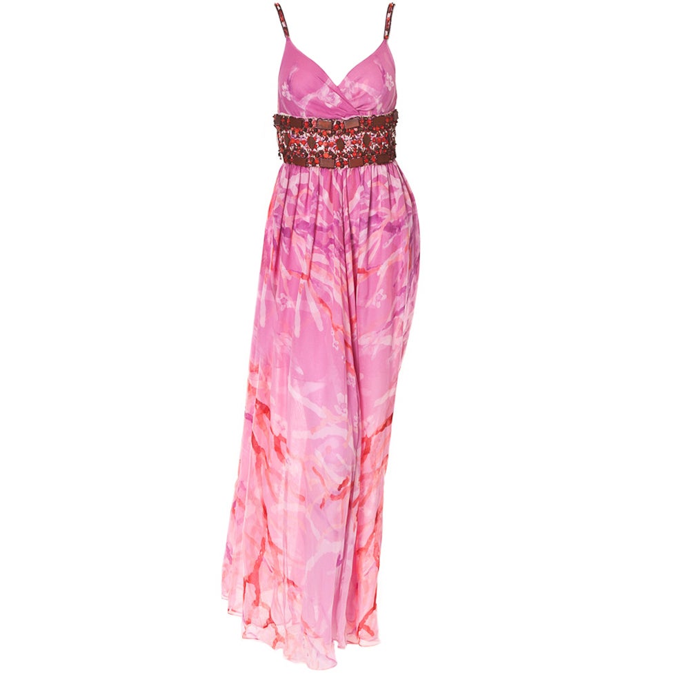 OSCAR DE LA RENTA CORAL PRINTED CHIFFON SILK GOWN