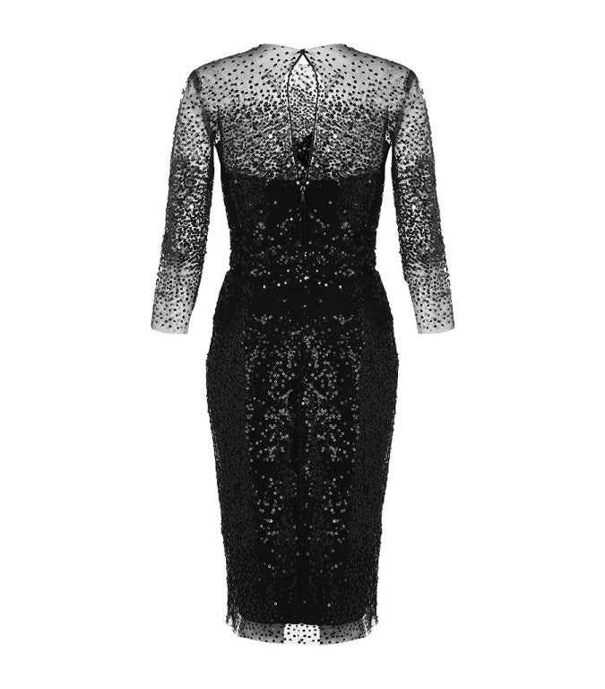 Prepare to dazzle in Monique Lhuillier's sequin embellished evening dress. A perfect example of the designer's signature show-stopping style, this piece features sheer illusion detailing to the neck and arms. Minimal jewelry needed, simply add a
