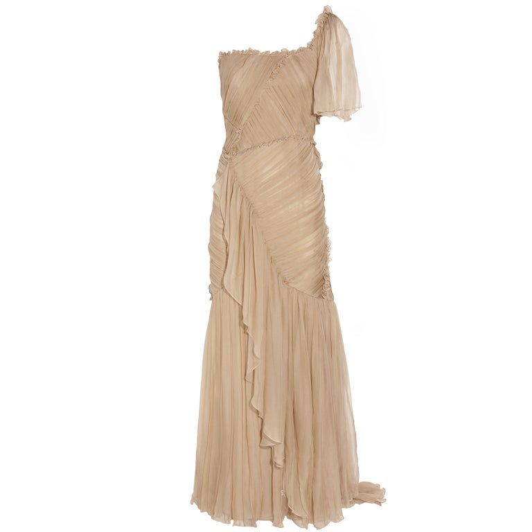 $6, 240 New ALBERTA FERRETTI Nude Silk-chiffon one-shoulder gown