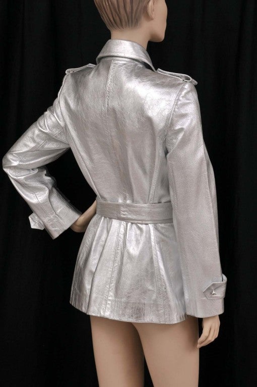 Women's Zang Toi Silver Leather Jacket Trench Coat With Crystal Buttons Size 6