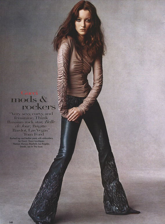 1999 Vintage Tom Ford for Gucci Embroidered Leather pants and Silk Ruched Top 1