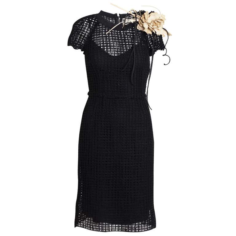 DOLCE and GABBANA BLACK MESH DRESS WITH STRAW FLOWER at 1stDibs