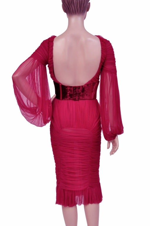 TOM FORD RASPBERRY RED BACKLESS ROUCHED TULLE DRESS w/ BELT In New Condition In Montgomery, TX