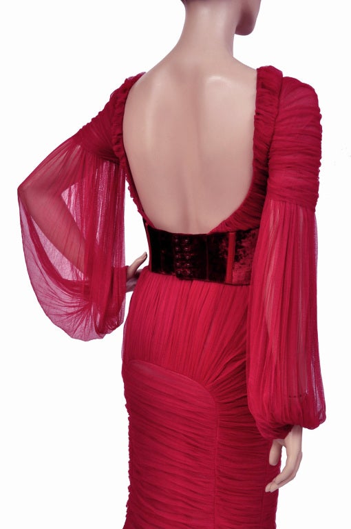 Women's TOM FORD RASPBERRY RED BACKLESS ROUCHED TULLE DRESS w/ BELT