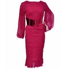 TOM FORD RASPBERRY RED BACKLESS ROUCHED TULLE DRESS w/ BELT