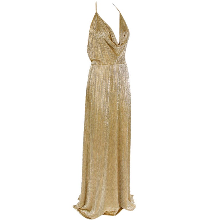 GUCCI GOLD GODDESS FULLY BEADED SILK DRESS