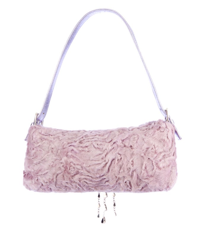 Gray Valentino Lilac Broadtail Fur Baguette with Crystals