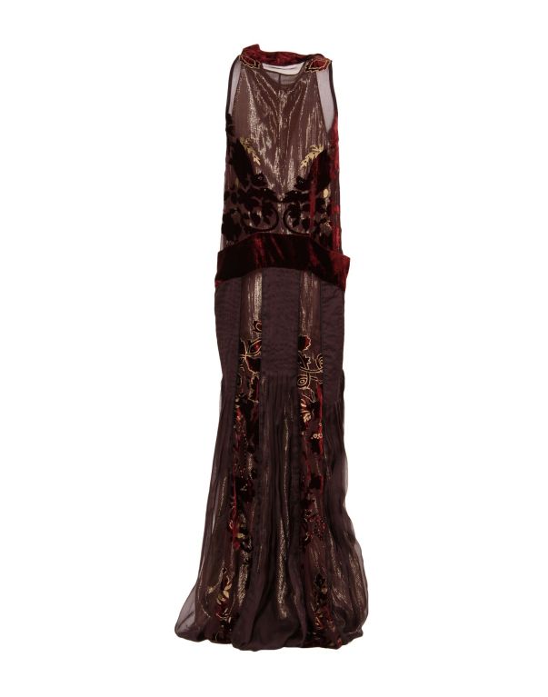 Gown in hand-painted burgundy viscose/silk devore with georgette lining. 
Size 40 
Italy. 
Brand New
