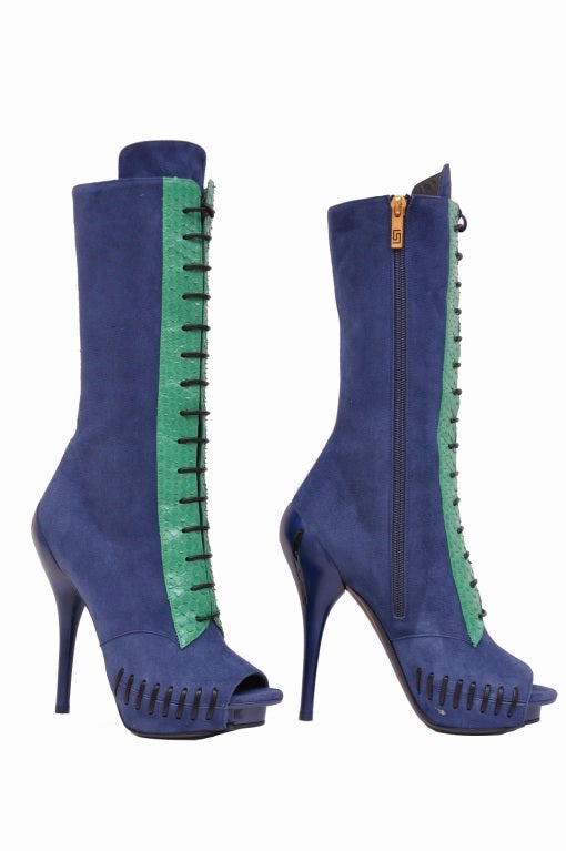 VERSACE OPEN TOE BLUE SUEDE PLATFORM BOOTS with SNAKESKIN In New Condition In Montgomery, TX