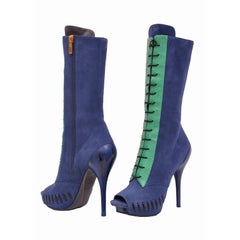 VERSACE OPEN TOE BLUE SUEDE PLATFORM BOOTS with SNAKESKIN