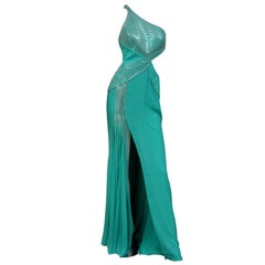 S/2010 L# 46 VERSACE AQUAMARINE EMBELLISHED ONE SHOULDER LONG DRESS Gown 40, 42