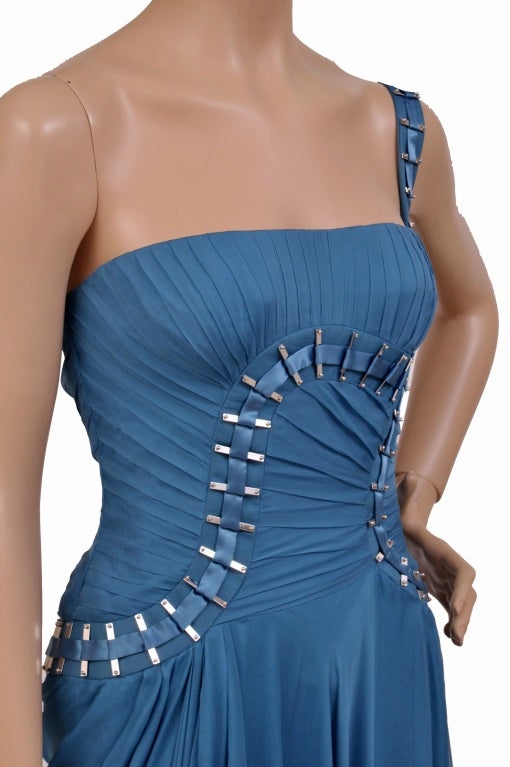 $12, 310 New Versace One Shoulder Blue Silk Gown 2