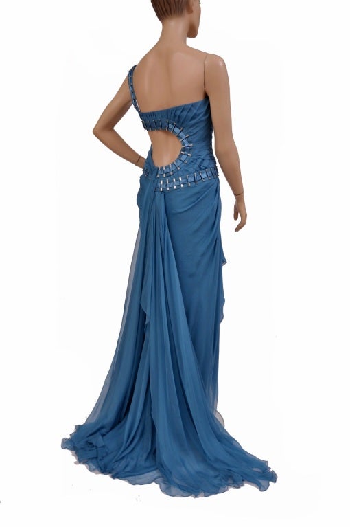 $12, 310 New Versace One Shoulder Blue Silk Gown 4
